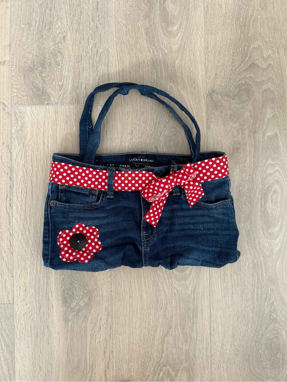 Lucky Brand Dark Indigo Denim Mini Bag with Red Polka Dot Bow